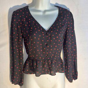 Candie's ruffled blouse, dark blue with red hearts in size small